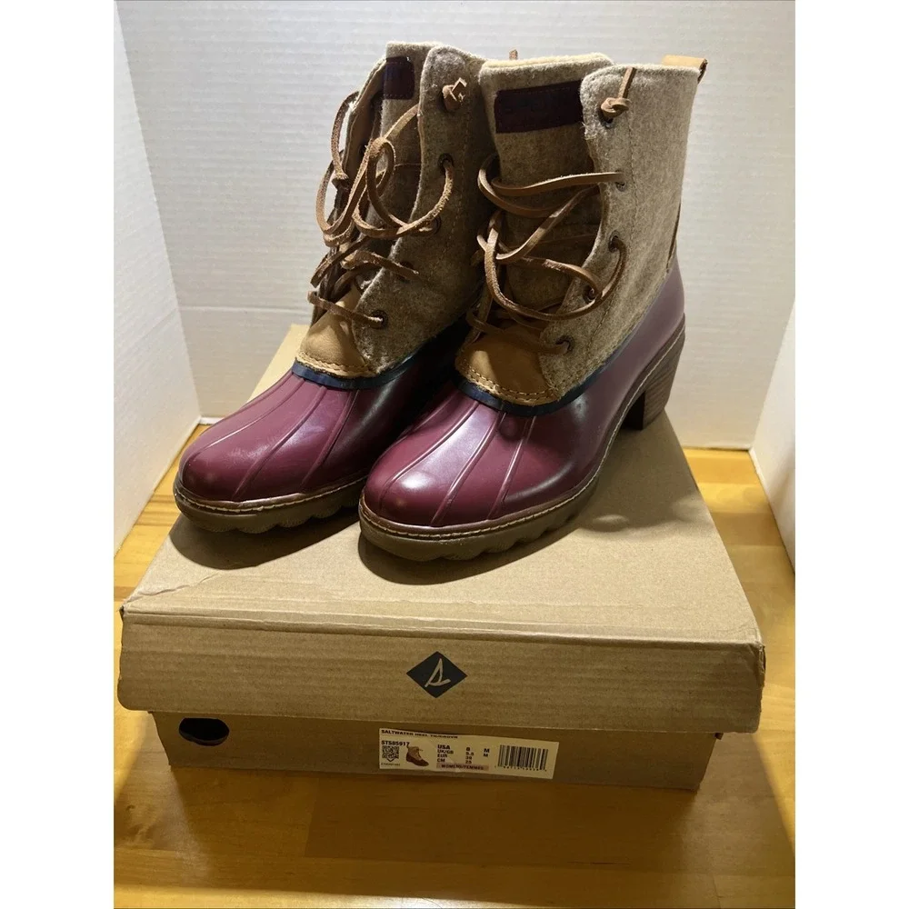 Sperry Saltwater Wool Womens Rain Duck Boots Tan Burgundy Lace Up Fall Winter 8M